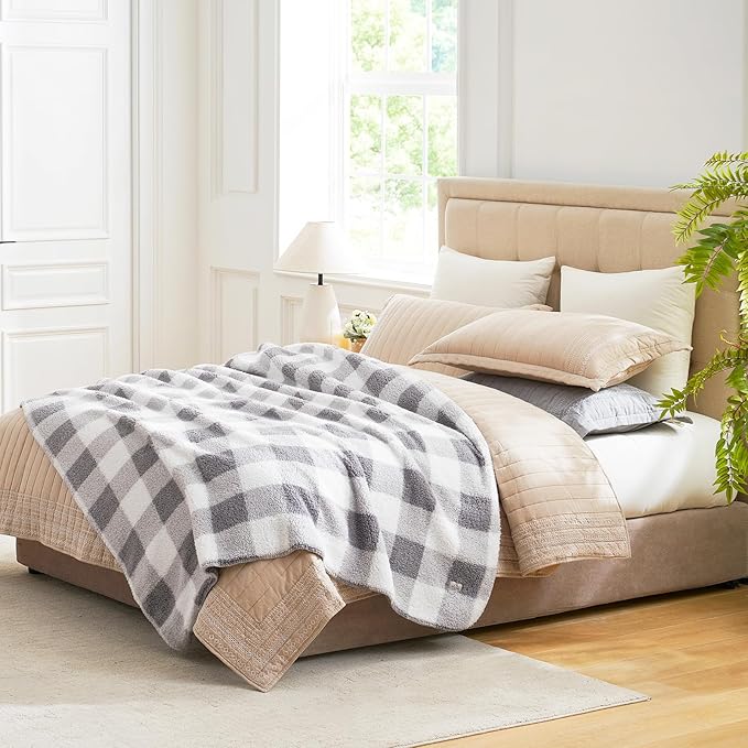 Cozy Bliss Ultra Soft Reversible Double Sherpa Sided Blanket, Buffalo Plaid Throw Blanket Fluffy Thick Warm Plush Fuzzy Blanket for Couch, Bed and Gifts (Grey, 60" x 80")