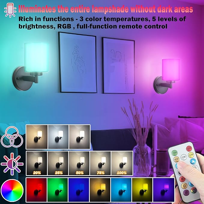 Battery Operated Wall Sconce Set of 2, Wireless Wall Sconce with Remote,10000mAh Rechargeable RGB Dimmable Bathroom Light Fixtures with Double Clear Glass Shade NOT Hardwired