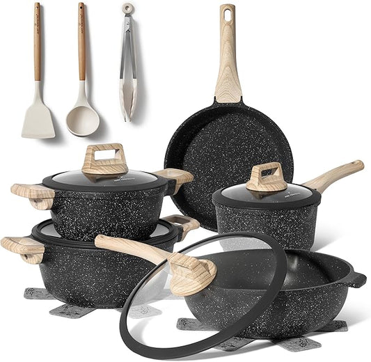 JUST PERFECTO Kitchen Pots and Pans Set with Lids Non Stick Induction Cookware Set Nonstick Frying Pans Set 14 Pcs Healthy Cooking Pots without PTFE and PFOA – Gray