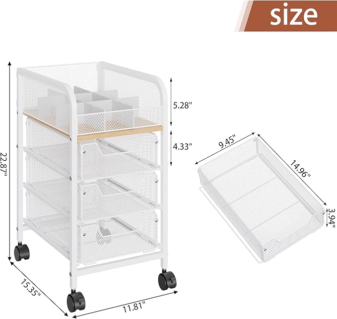 Rolling Makeup Cart Organizer with 3 Drawers, 4-Tier Narrow Floor Skincare Organizers with dividers, Vanity Organizer Cosmetics Display Cases for Makeup Brush, Hair Tool, White