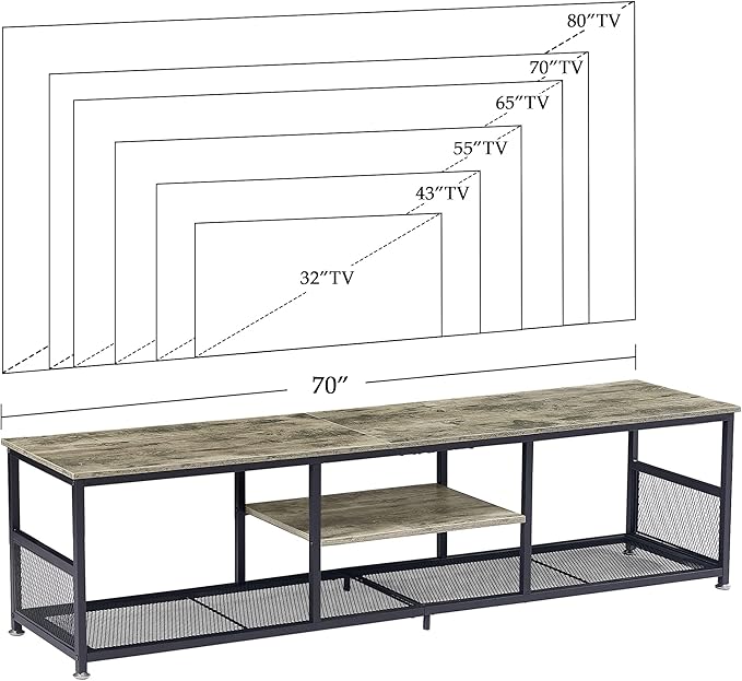 VECELO Industrial TV Stand for Televisions up to 80 Inch, 70" Entertainment Center with Open Storage Shelves for Living Room/Bedroom, 3 Tiers Media Console Table with Metal Frame, Grey, 70 Inches