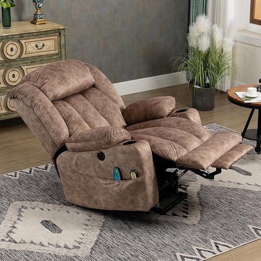 MEETWARM Large Power Lift Electric Recliner Chair with Extended Footrest for Big Tall Man, Overstuffed Wide Recliner with Heat and Massage, 2 Remote Controls/4 Side Pockets/USB Ports(Plush-Brown)