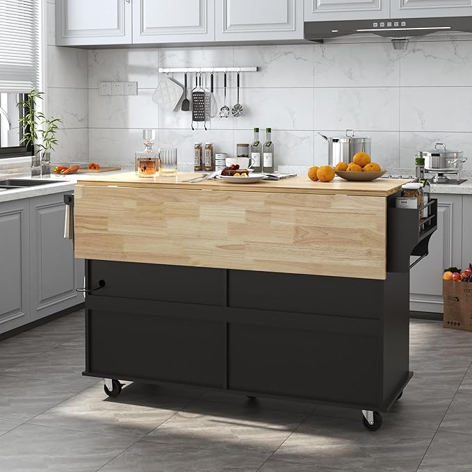 59" Kitchen Cart with Wood Top and Drop Leaf Breakfast Bar, Rolling Mobile Kitchen Island Table on Wheels with Drawer and Storage Cabinet, Spice Rack, Towel Rack, Black