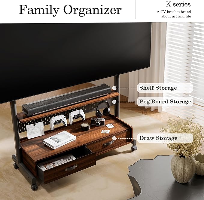 FITUEYES Rolling TV Stand with Drawers for 70 to 100 Large TV Screens，Mobile TV Floor Stand on Wheels with Ample Storage Pegboard & Wooden Shelf, Rolling TV Cart Hold up to 176 lbs, Max VESA 850 x 600