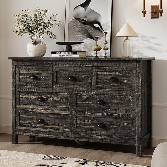 Dresser for Bedroom, Modern Black Dresser with 7 Drawers, Wide Chest of Drawers with Metal Handles,Wood Double Storage Cabinet for Living Room, Bedroom, Hallway