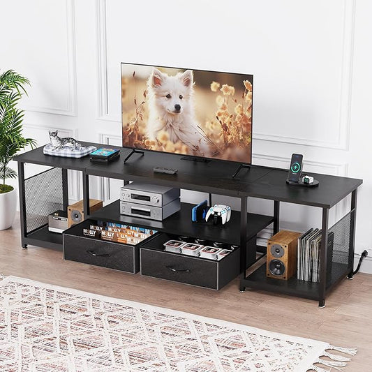 TV Stand with Drawers and Power Outlets for 75 70 65 Inch TV, Entertainment Center with Open Storage Shelves, Industrial Media TV Console Table for Living Room Bedroom Office, Black