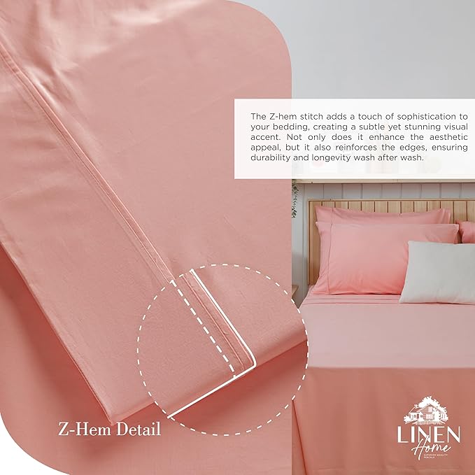 Linen Home 100% Cotton Percale Sheets King Size, English Rose, Deep Pocket, 4 Pieces Set - 1 Flat, 1 Deep Pocket Fitted Sheet and 2 Pillowcases, Crisp Cool and Strong Bed Linen