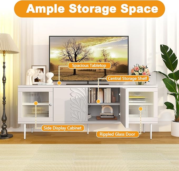 TV Stand for TVs up to 75 Inches, Mid Century Modern Entertainment Center with 3D Flower Pattern, Wood Media Console with 2 Fluted Glass Doors, Storage Cabinet for Living Room, White