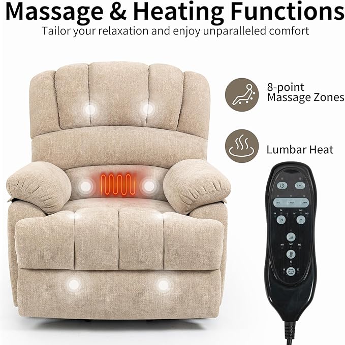Large Recliner with Massage & Heat, Power Lift Chairs for Elderly, Beige Plush Recliner, 23" Seat Width, Extra Wide Reclinning for Seniors W/USB and Type-C Ports