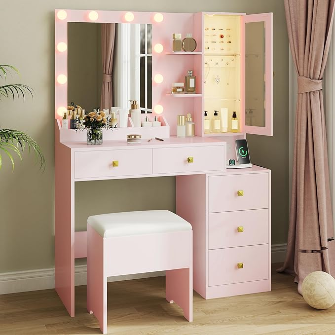 Vanity Desk with Mirror and Lights,Makeup Table with Charging Station & RGB Storage Cabinet,Large Drawer & Storage Shelves,5 Drawer,Bedroom Dressing Table, Pink