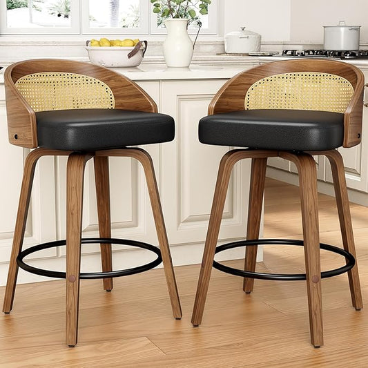 Rattan Bar Stools Set of 2, 26" Swivel Counter Height Bentwood Barstool, Mid-Century Modern PU Leather Upholstered Bar Chair with Back and Footrest, for Kitchen Island, Bar, Dining Room, Cafe