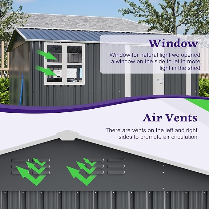 10 x 8 FT Outdoor Storage Shed with Floor, Metal Garden Tool Shed with Vents,Windows,Slooping Roof and Lockable Doors, All-Weather Bike Shed Easy to Assemble for Backyard, Patio, Lawn, Grey