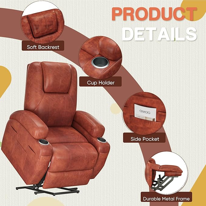 Electric Power Lift Recliner Chair with Massage for Elderly Corduroy Fabric Recliner Single Sofa with Cup Holders, Side Pockets and Remote Control for Living Room Bedroom (Leathaire, Brown)