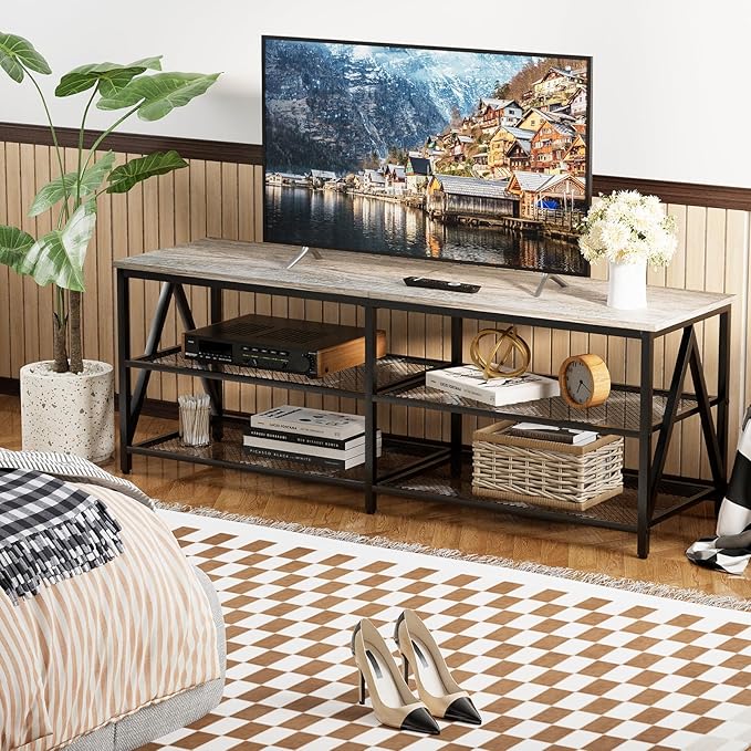 TV Stand for TVs up to 65 Inch, 55" Long Industrial TV Console Table with 3-Tier Storage Shelves, Entertainment Center for Living Room, Bedroom (Gray)