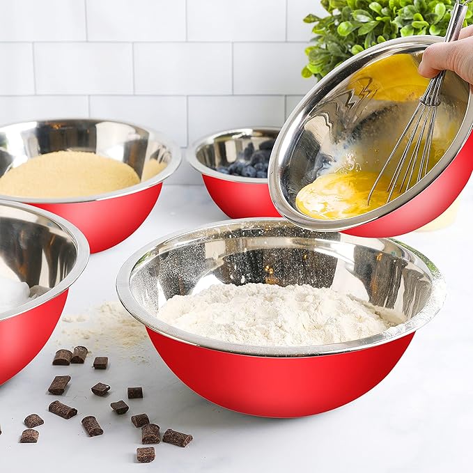 WHYSKO Meal Prep Stainless Steel Mixing Bowls Set, Home, Refrigerator, and Kitchen Food Storage Organizers | Ecofriendly, Reusable, Heavy Duty (Red)