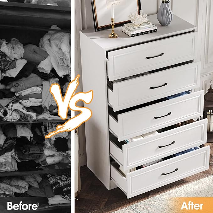 Fameill Dresser for Bedroom, 5 Drawer Tall Dresser Organizer, TV Stand for Livingroom, Chest of Drawers with Metal Handles, Woodgrain White