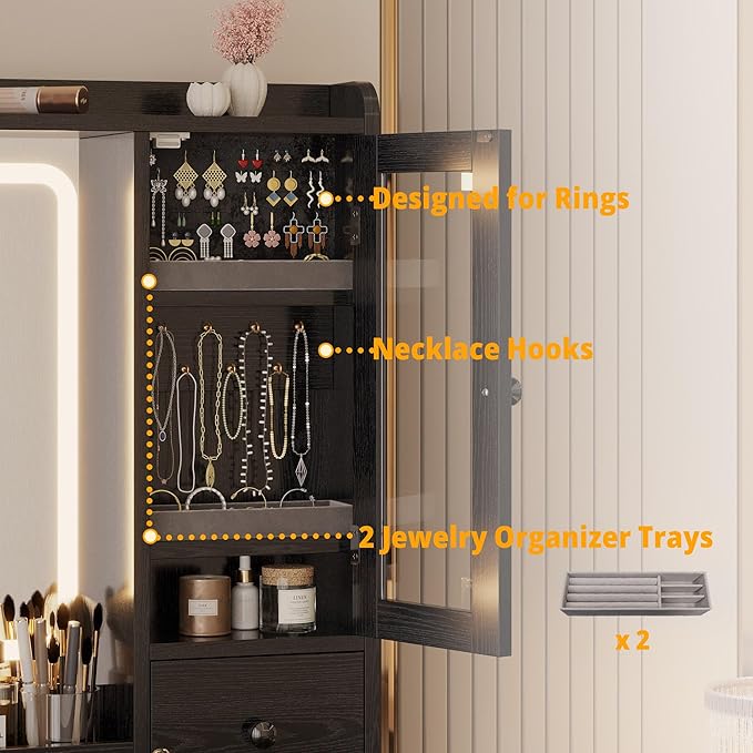 IRONCK Vanity Desk with LED Lights Mirror and Charging Station, Makeup Vanity Table with Jewelry Armoire, Storage Bench, and 11 Drawers,Black