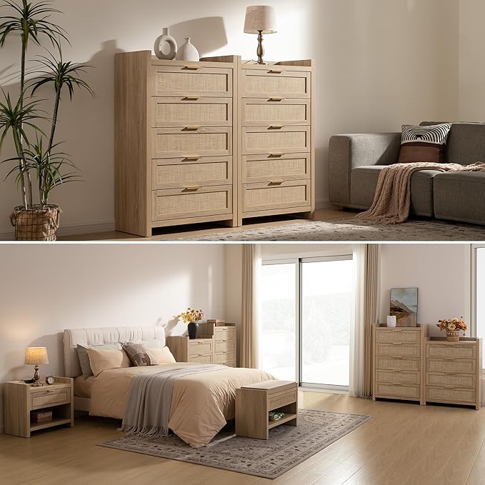 SICOTAS Dresser for Bedroom Chest of Drawers 46" Tall Dresser for Closet with 5 Rattan Drawers Boho Nightstands Set of 3 Large Clothes Storage Cabinet TV Stand for Living Room Hallway Nursery Entryway