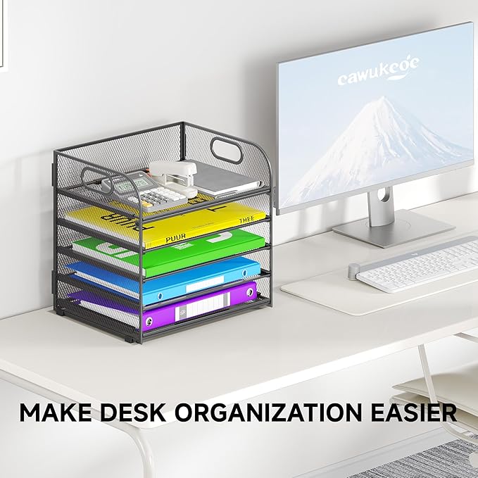 5 Tier Paper Organizer with Handle, Metal Mesh Desk Organizer File Folder Paper Letter Tray Desktop Document Sorter for Classroom, School, Office Accessories Organization and Storage - Grey