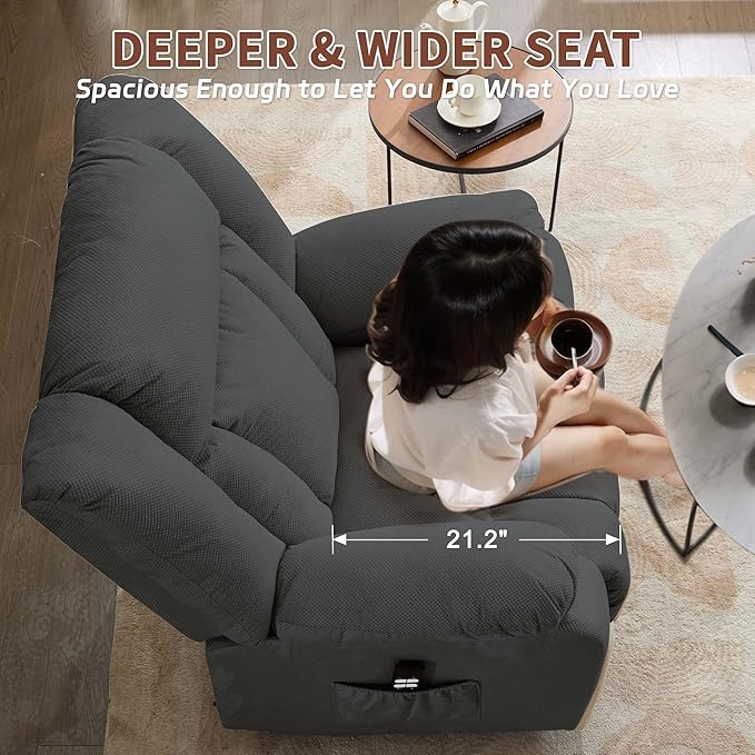 Oversized Dual Motor Power Lift Recliner for Adults, Electric Lift Chair with Heating and Massage, Waffle Fabric Electric Recliner Chair with Side Pockets, Wide Recliner for Living Room