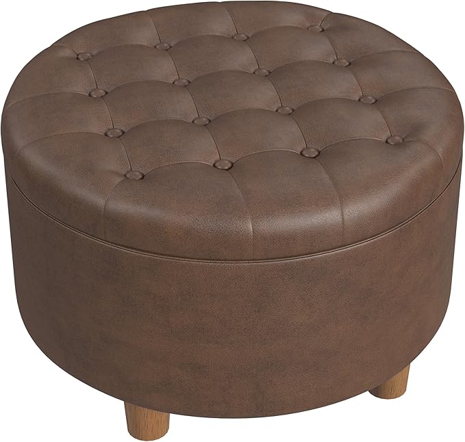 HomePop Home Decor | Button Round Storage Ottoman | Ottoman with Storage for Living Room & Bedroom, Brown Faux Leather