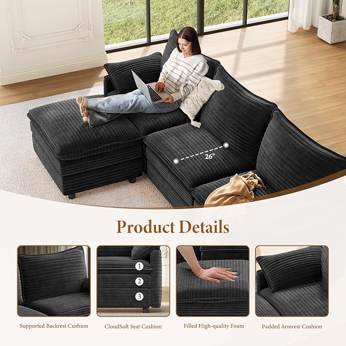 Vesgantti 108" Modular Sectional Sofa, Comfy Cloud Couch with Movable Ottoman Deep Seat Corduroy L Shaped Modular Sofa, Sectional Couches for Living Room, Bedroom and Apartment, Gray