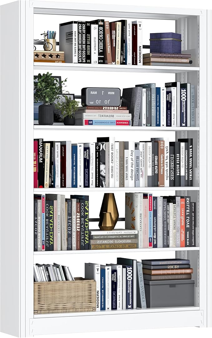 Heavy Duty 5-Tier Metal Bookshelf, Industrial Tall Book Shelf with Adjustable Shelves, 280lbs Shelf Capacity, Large Office Bookcase, Display Book Organizer for Living Room Bedroom Library -69”H, White