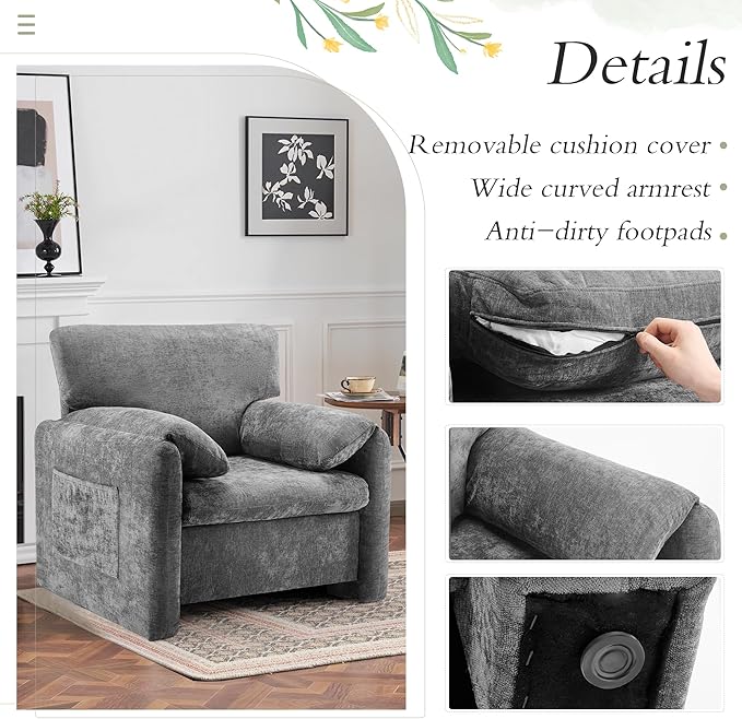 39" Modern Chenille Oversized Armchair, Wide Accent Chair, Mid Century Single Sofa Chairs, Comfy Upholstered Reading Chair for Living Room, Bedroom, and Apartment (Grey)