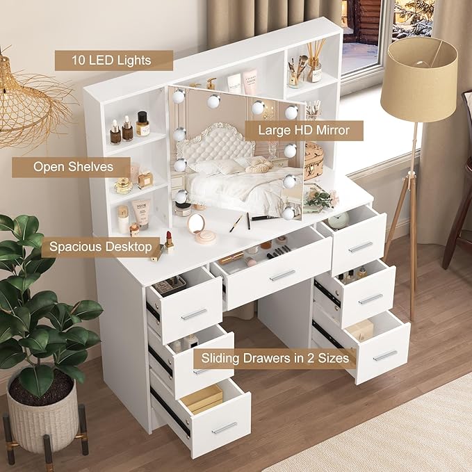 Makeup Vanity with Mirror and Lights, Vanity Desk with Chair and 7 Storage Drawers, White Vanity with Lights for Bedroom, Dressing Table Set for Women and Girls