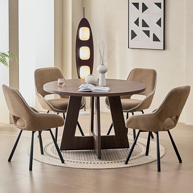 47" Round Dining Room Table Set for 4, [Fanned Base] [1.38" Thick Top] Wood Kitchen Table with 4 Swivel Dining Chairs