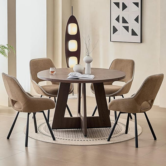 47" Round Dining Room Table Set for 4, [Fanned Base] [1.38" Thick Top] Wood Kitchen Table with 4 Swivel Dining Chairs