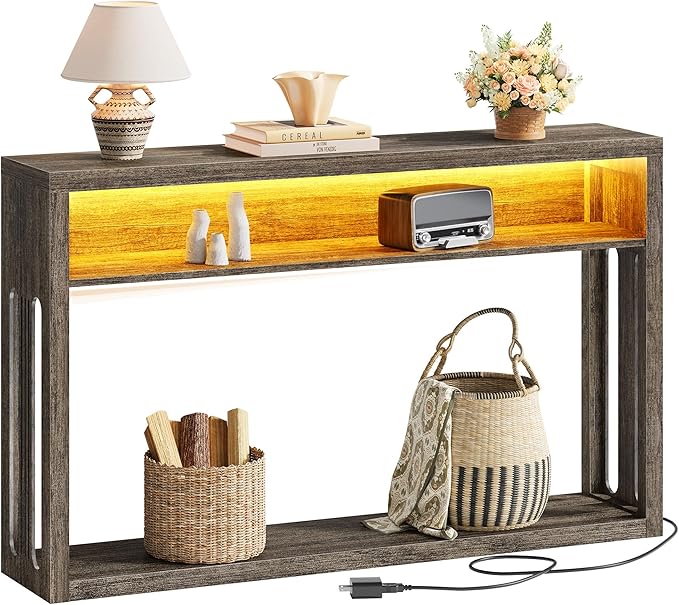 FAVOOSTY Farmhouse Console Table with Storage, 47" 2-Tier Entryway Sofa Table with Led Light Behind Couch Table Hallway Stand for Living Room, Hallway, Foyer - Gray