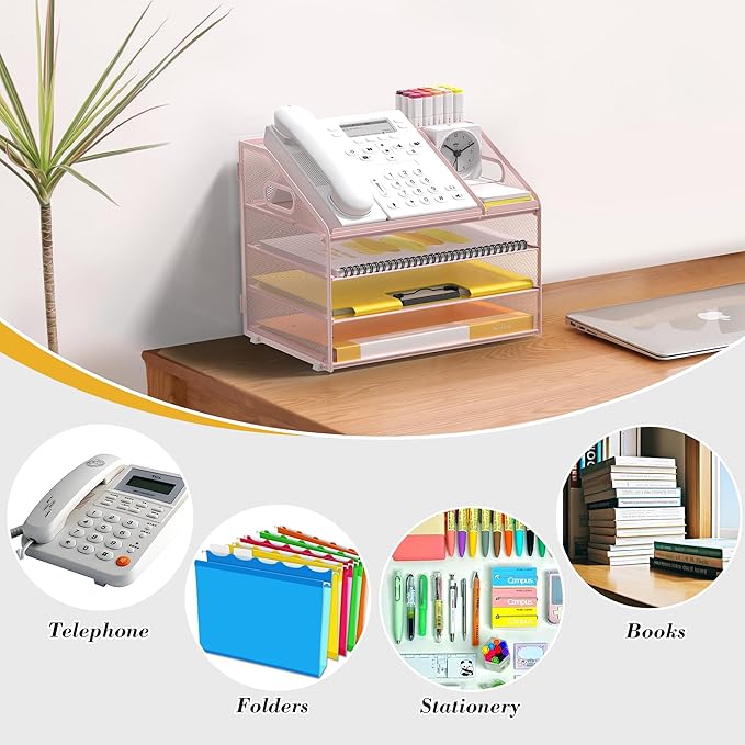 Letter Tray Paper, 4 Tier Desk Organizer with Pen Holder and Handle, Mesh File Organizer Paper Sorter Metal Desktop Document Shelf for Office Home Classroom - Pink