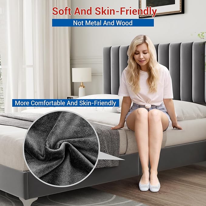 IDEALHOUSE Queen Bed Frame with Velvet Headboard Adjustable, Strong Wooden Slat Support, No Box Spring Needed, Noise Free Sleep,Easy Assembly, Dark Grey