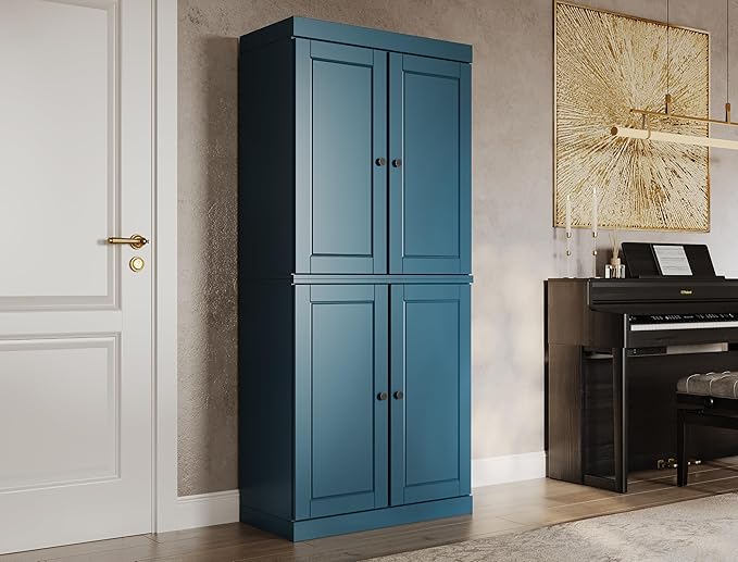 Palace Imports Solid Wood Bookcase - 6-Shelf Tall Bookshelf, 71.5” H x 32” W - Teal Blue, Wooden Cabinet Doors, Adjustable Shelves, 100% Renewable Eco-Friendly Wood, Made in Brazil