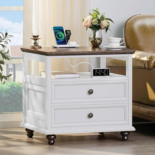 Farmhouse Nightstand with Charging Station, 24" Wide End Table with 2 Drawers,White Wood Dresser for Bedroom, Bed Side Table Chest of Drawers Cabinet,Night Stand for Living Room, Closet