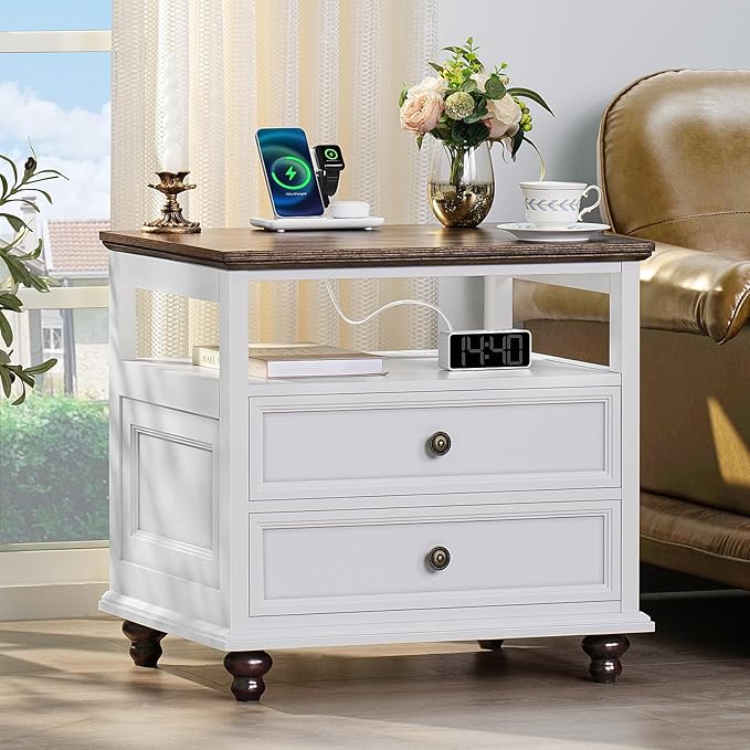 Farmhouse Nightstand Set of 2 with Charging Station, 24" Wide End Table with 2 Drawers,Dresser for Bedroom,Bed Side Table Chest of Drawers Cabinet,Wood White Night Stand for Living Room