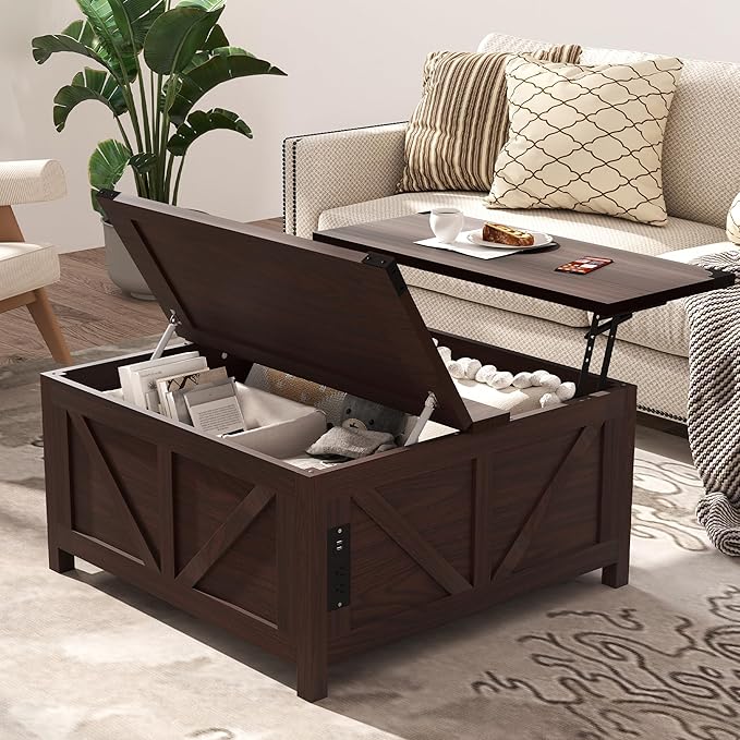 35'' Farmhouse Lift Top Coffee Table, Coffee Table with Storage and Large Hidden Storage, Square Coffee Tables with Charging Station&USB Ports, Lift Coffee Tables for Living Room, Brown