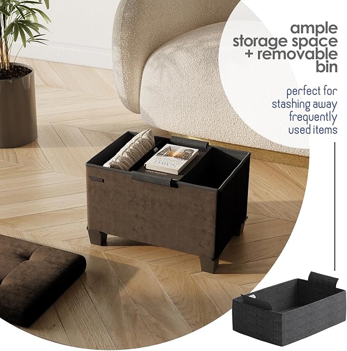 STORAGEBUD Storage Ottoman Cube with Small Bin, 16-in Square Ottoman with Storage for Living Room and Bedroom, Small Ottomans Foot Rest, Velvet Foot Stools Ottomans Max 330lbs, Brown