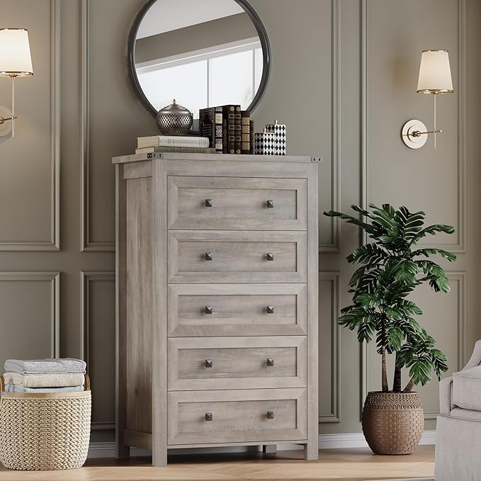 Tall 5-Drawer Dresser, Modern Wooden Storage Chest of Drawers, Dresser TV Stand, Wood Drawer Organizer with Metal Handles for Bedroom, Living Room, Hallway