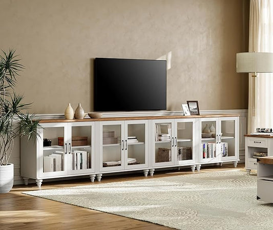 WAMPAT Large TV Stand for TVs up to 110 Inch, White Entertainment Center Console Table with LED Light, Accent Buffet Cabinet with Glass Door for Dining & Living Room