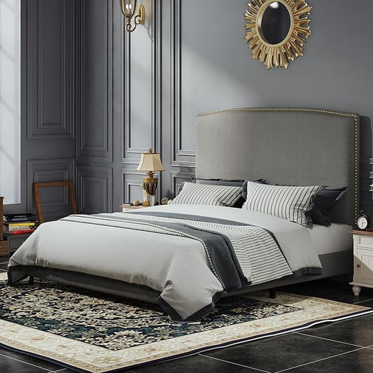 Queen Size Upholstered Platform Bed Frame with 56" Headboard, Soft Boucle Fabric, Mid-Century Modern Design, No Box Spring Required, Easy Assembly, Grey