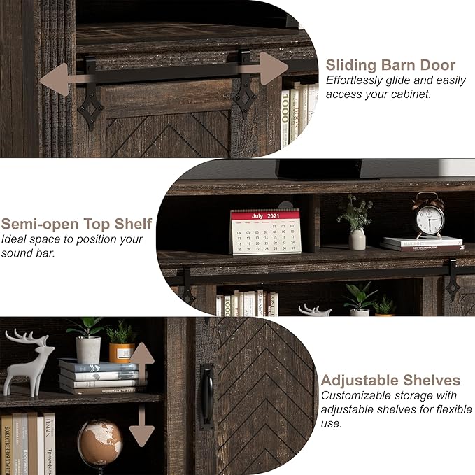 Farmhouse TV Stand for 65+ Inch TV, 31" Tall Entertainment Center with Adjustable Shelf, Rustic Media Console with Sliding Barn Door, Wood Television Stand for Living Room, Dark Rustic Oak