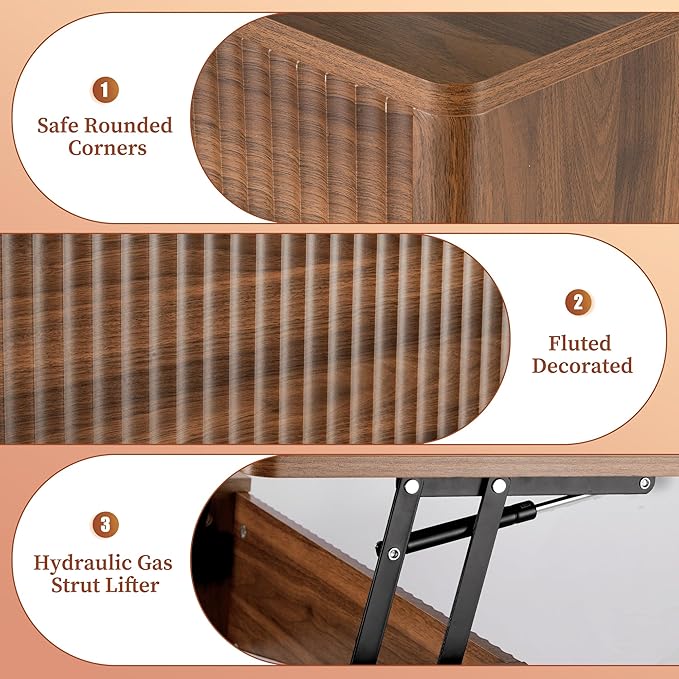 LYNCOHOME Fluted Lift Top Coffee Table with Hidden Compartment, Modern Center Table for Living Room, Home Office（Walnut）