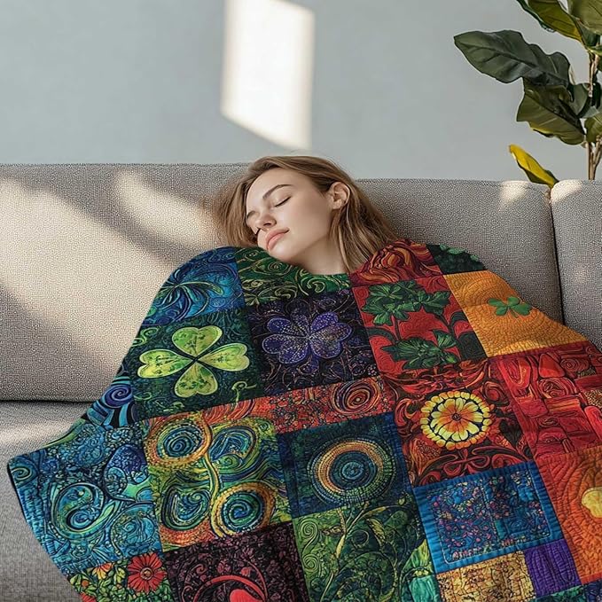 St Patricks Day Throw Blanket, Patchwork Style, Printed Shamrock Clover Blanket Gift for Women and Men, Lightweight Soft Fleece for Couch, Bed, Sofa, and Home Decor, 50x60 Inches