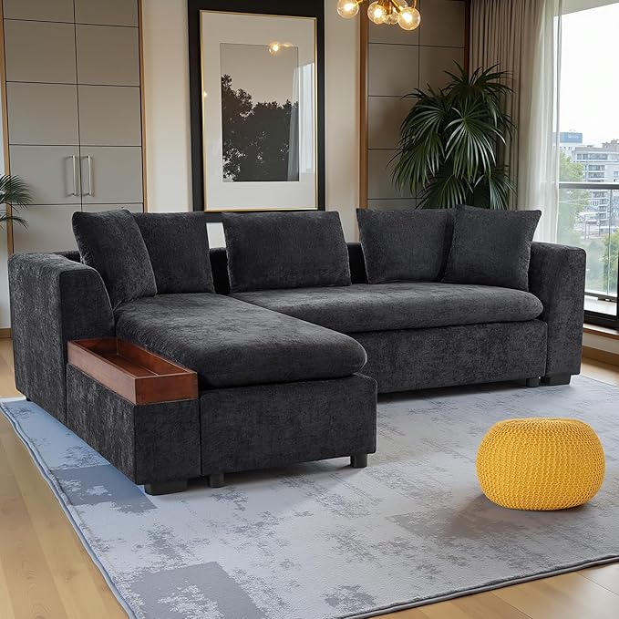 93.7" Sectional Couch, Upholstered Modular Sofa L Shaped Couch with Storage Compartment, Sectional Couches for Living Room and Office, Black