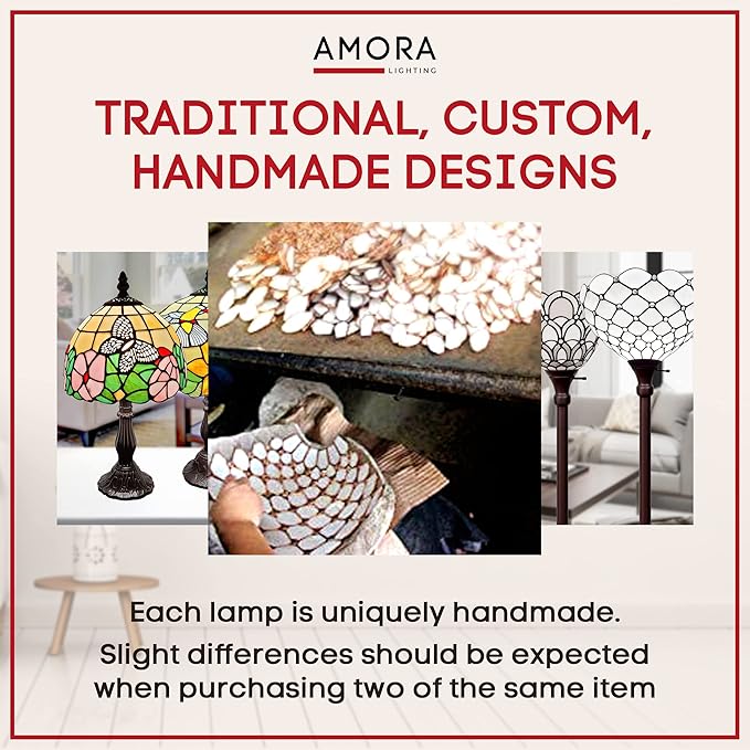 Amora Vintage Tiffany Table Lamp - Frosted White Stained Glass Nightstand Lamp - Geometric Table Night Light - 19” Stained Glass Lamps for Living Room