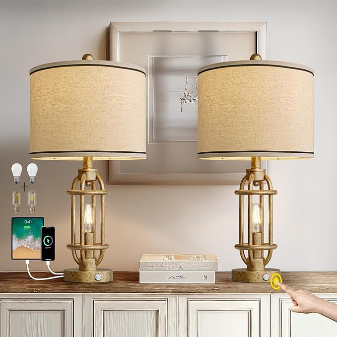 23.75'' Table Lamps Set of 2 for Living Room Bedroom Industrial Farmhouse Metal Touch Lamps with USB A+C Ports, Night Light Vintage Nightstand Bedside Lamp, Bulbs Included, Champagne Gold