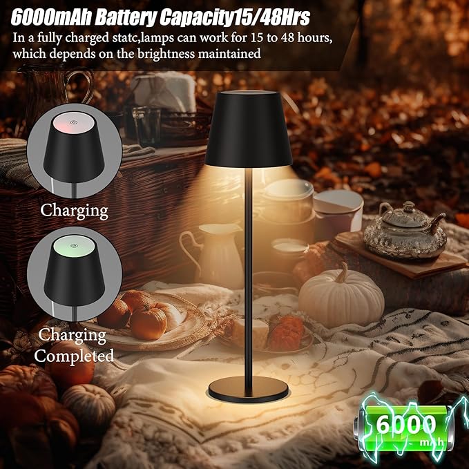 Aipsun Rechargeable Cordless LED Table Lamp 2 Pack, 6200mAh Battery Powered with Stepless Dimming, Waterproof Outdoor Modern Black Finish