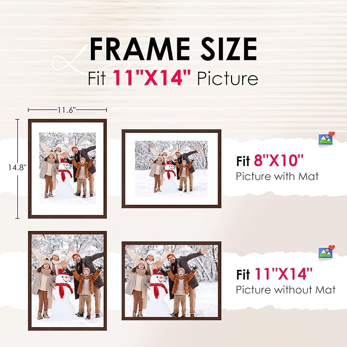 FIXSMITH 11x14 Picture Frame Set of 2, Photo Frame with HD Plexiglass, Display Pictures 8x10 with Mat or 11x14 Without Mat, Brown Picture Frames Collage Wall Decor, Gallery Wall Frame